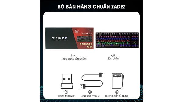 Bàn phím cơ Gaming không dây Zadez GT-015DK bộ đi kèm