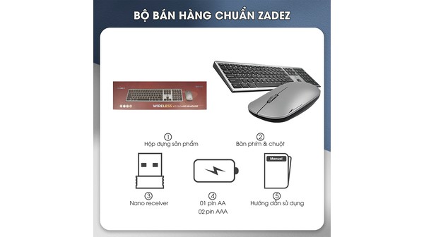 Bộ bàn phím chuột không dây Zadez ZMK-530G Xám bộ sản phẩm