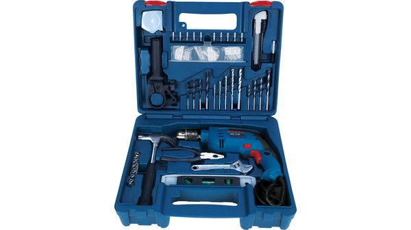 Máy khoan động lực Bosch 100 món GSB13RE hộp dụng cụ chính diện