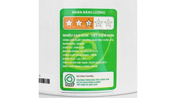 Nồi cơm điện Sharp 1.8 lít KS-N191ETV tem năng lượng