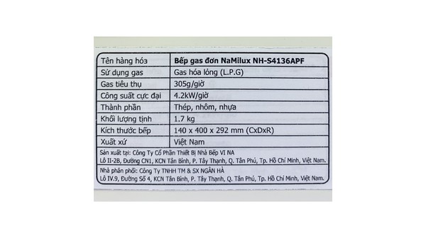 Bếp gas đơn Namilux NH-S4136APF thông tin