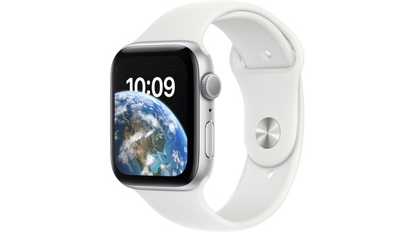 Apple Watch SE GPS 44mm viền nhôm Bạc dây silicone Trắng MNK23VN/A nghieeng trái