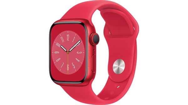Apple Watch S8 LTE 41mm viền nhôm dây silicone Đỏ MNJ23VN/A nghiêng trái