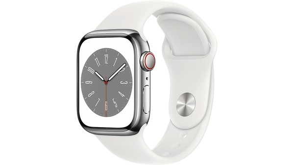 Apple Watch S8 LTE 41mm viền thép Bạc dây silicone Trắng MNJ53VN/A nghiêng trái