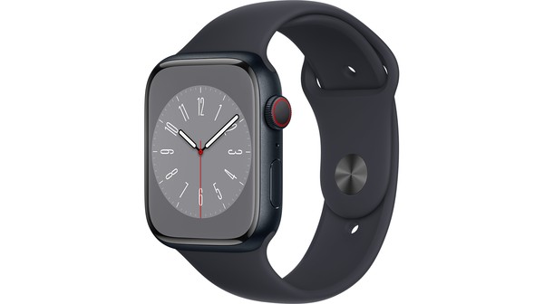 Apple Watch S8 LTE 45mm viền nhôm dây silicone Midnight MNK43VN/A nghiêng trái