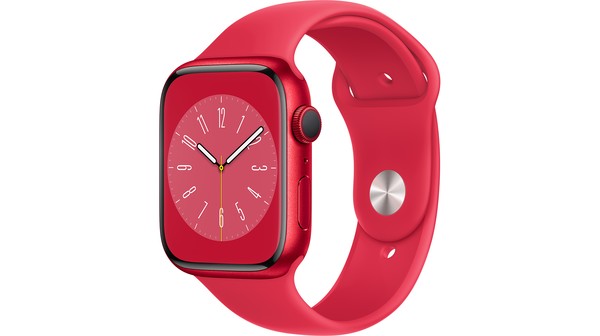 Apple Watch S8 LTE 45mm viền nhôm dây silicone Đỏ MNKA3VN/A nghiêng trái