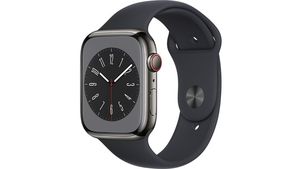Apple Watch S8 LTE 45mm viền thép Graphite dây silicone Midnight MNKU3VN/A nghiêng trái