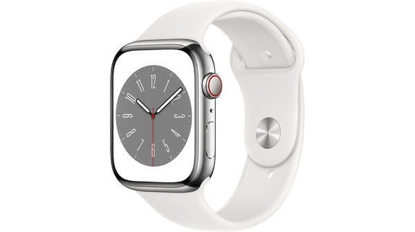 Apple Watch S8 LTE 45mm viền thép Bạc dây silicone Trắng MNKE3VN/A nghiêng trái