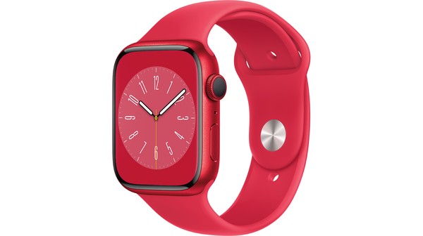 Apple Watch S8 GPS 45mm viền nhôm dây silicone Đỏ MNP43VN/A nghiêng trái