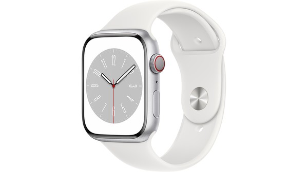 Apple Watch S8 LTE 45mm viền nhôm Bạc dây silicone Trắng MP4J3VN/A nghiêng trái