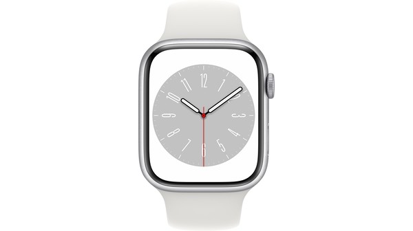 Apple Watch S8 LTE 45mm viền nhôm Bạc dây silicone Trắng MP4J3VN/A chính diện