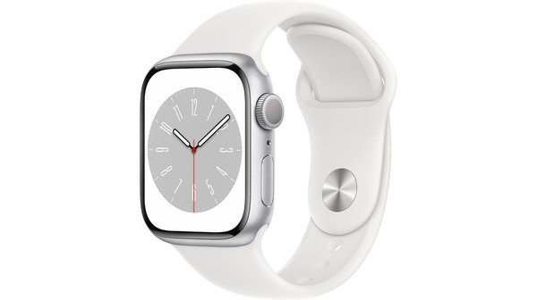 Apple Watch S8 GPS 41mm viền nhôm Bạc dây silicone Trắng MP6K3VN/A nghiêng trái
