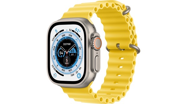 Apple Watch Ultra LTE 49mm viền Titanium dây Yellow Ocean Band MNHG3VN/A nghiêng trái