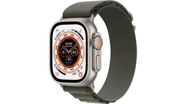 Apple Watch Ultra LTE 49mm viền Titanium dây Green Alpine Loop size S MNHJ3VN/A nghiêng trái