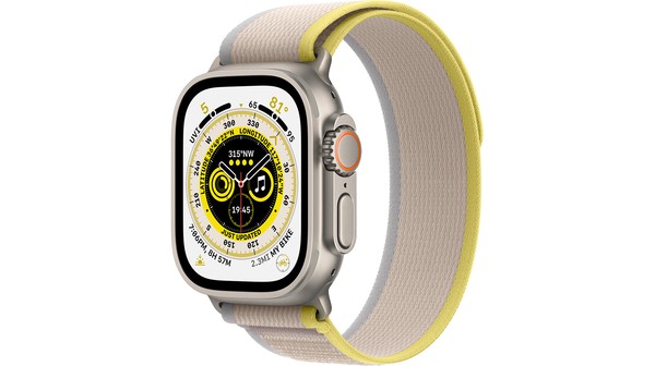 Apple Watch Ultra LTE 49mm viền Titanium dây Yellow/Beige Trail S/M MNHK3VN/A nghiêng trái