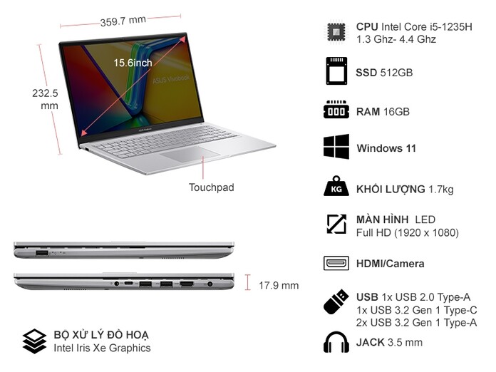 Laptop Asus Vivobook 15 i5-1235U/16GB/512GB/Win11 (X1504ZA-NJ517W)