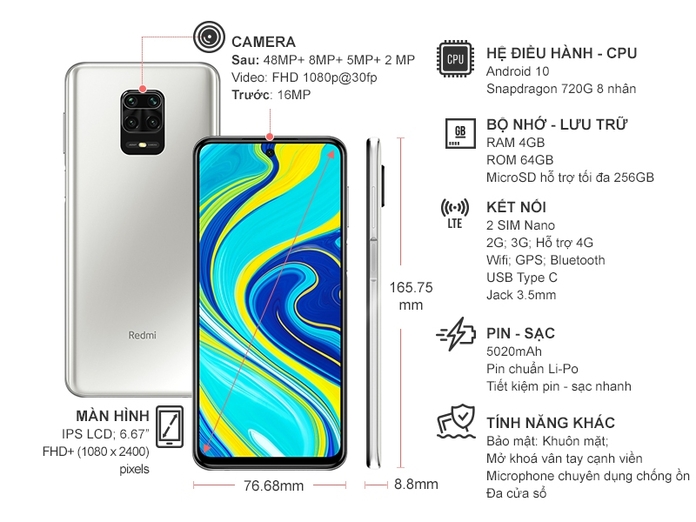 Điện thoại Xiaomi Redmi Note 9s 4GB/64GB Trắng