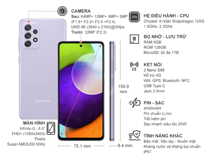 Điện thoại Samsung Galaxy A52 4G 8GB/128GB Tím