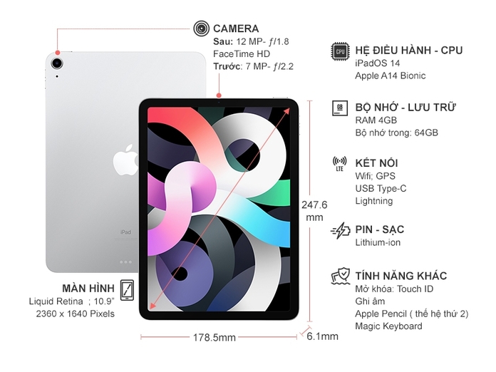 Máy tính bảng iPad Air 4 10.9 inch Wifi 64GB MYFN2ZA/A Bạc 2020