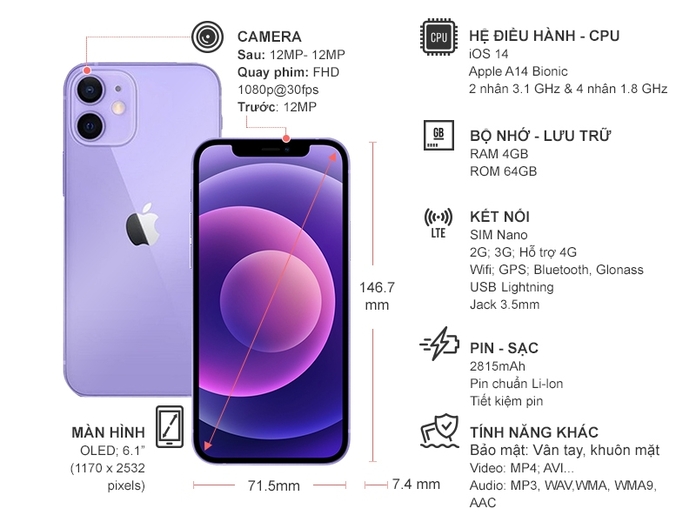 Điện thoại iPhone 12 64GB Tím