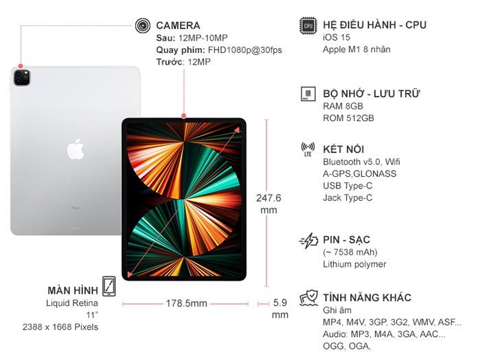 iPad Pro M1 2021 11 inch Wifi 512GB MHQX3ZA/A Bạc