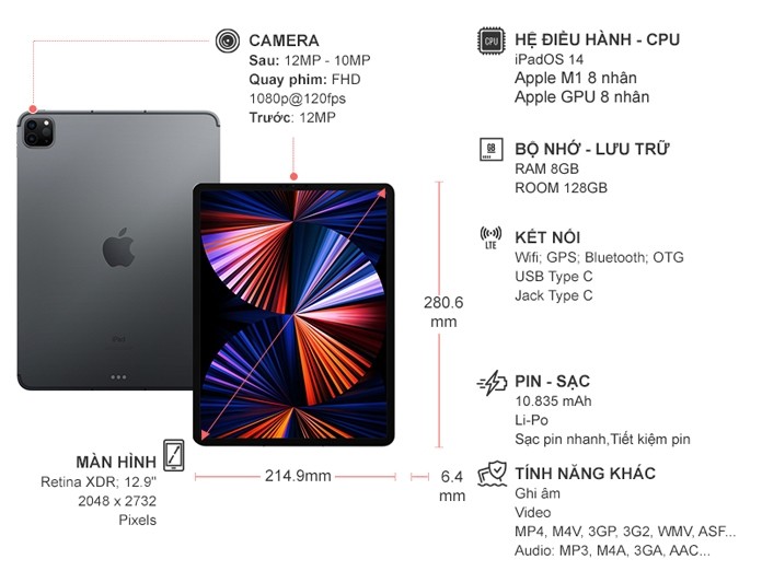 Máy tính bảng iPad Pro M1 2021 12.9 inch Wifi 8GB/128GB MHNF3ZA/A Xám