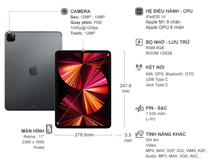 Máy tính bảng iPad Pro M1 2021 11 inch Wifi 8GB/128GB MHQR3ZA/A Xám