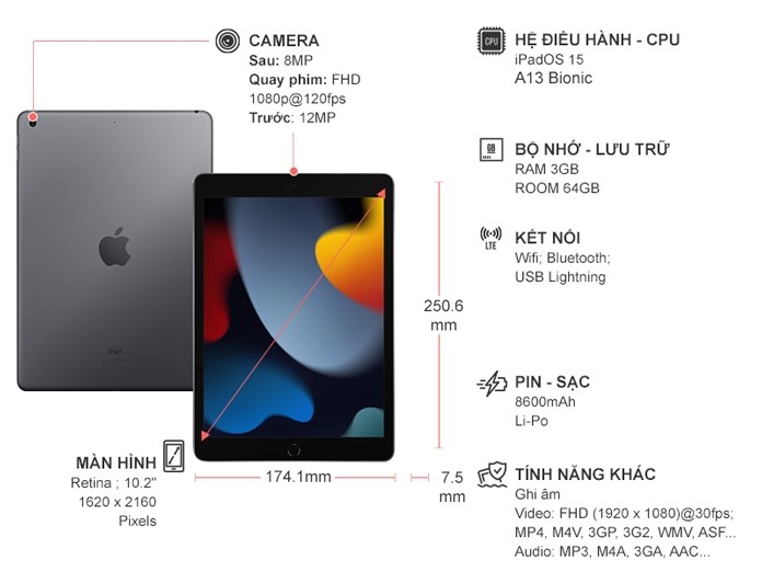 iPad Gen 9 Wifi 64GB 10.2 inch MK2K3ZA/A Xám (2021)