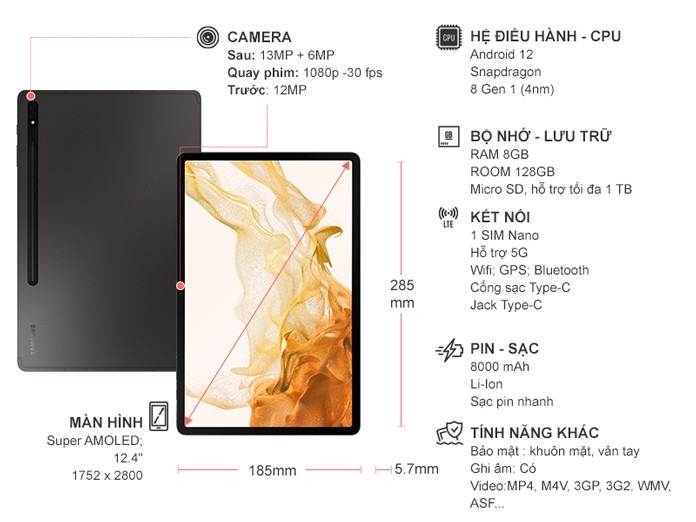 Máy tính bảng SamSung Galaxy Tab S8 Plus 128GB Xám