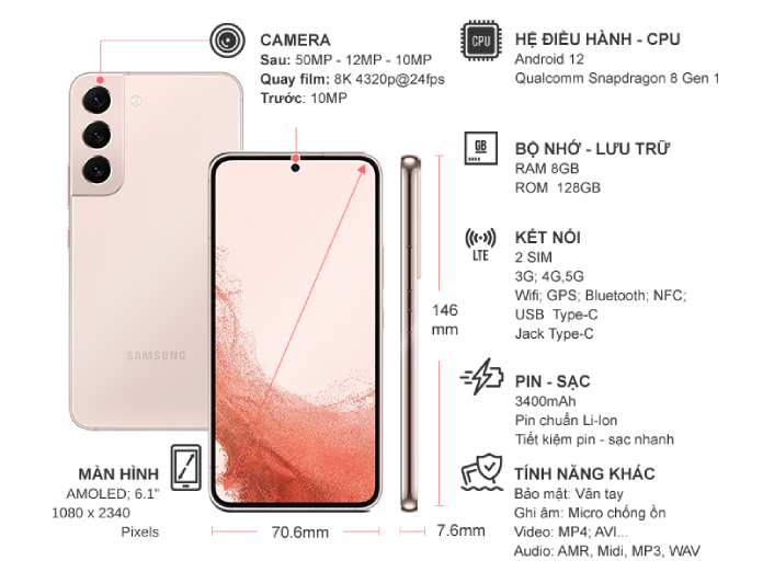 Điện thoại Samsung S22 8GB/128GB Hồng