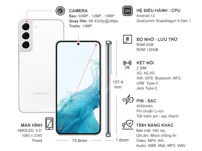 Điện thoại Samsung S22 Plus 8GB/128GB Trắng