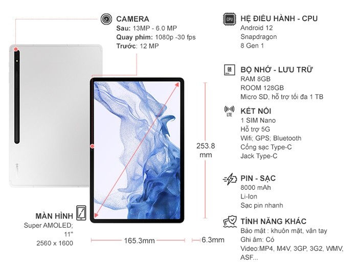 Máy tính bảng SamSung Galaxy Tab S8 128GB Bạc
