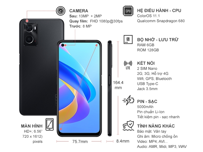 Điện thoại OPPO A76 6GB/128GB Đen