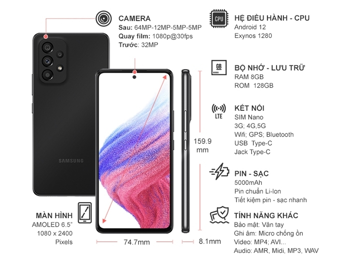 Điện thoại Samsung A53 5G 128GB Đen