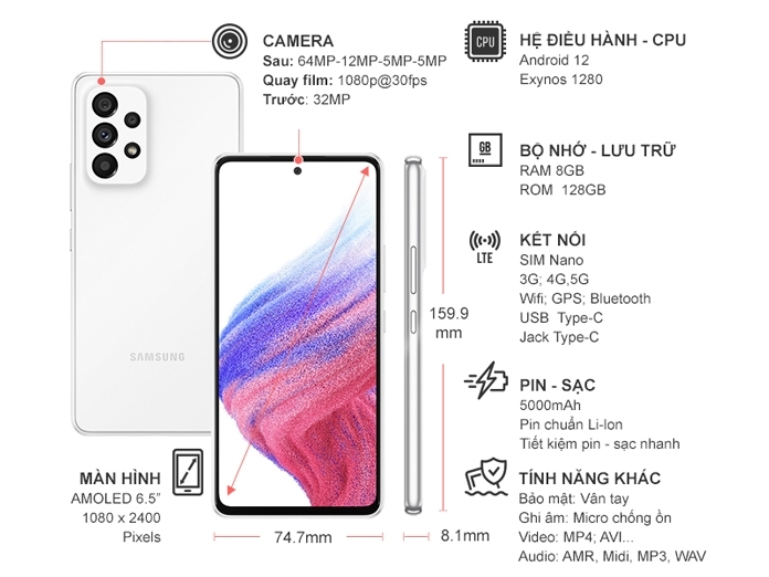 Điện thoại Samsung A53 5G 128GB Trắng
