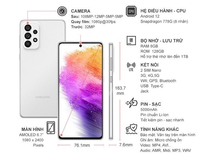 Điện thoại Samsung A73 8GB/128GB Trắng