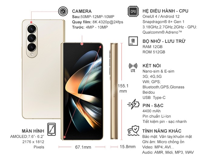 Điện thoại Samsung Galaxy Z Fold 4 5G 512GB Kem