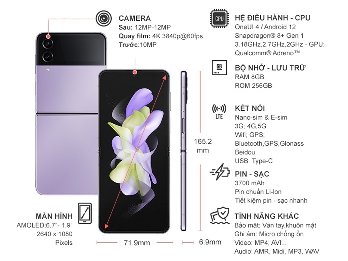 Điện thoại Samsung Galaxy Z Flip 4 5G 256GB Tím