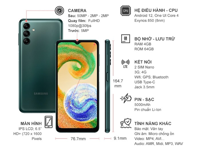 Điện thoại Samsung Galaxy A04s 4GB/64GB Xanh