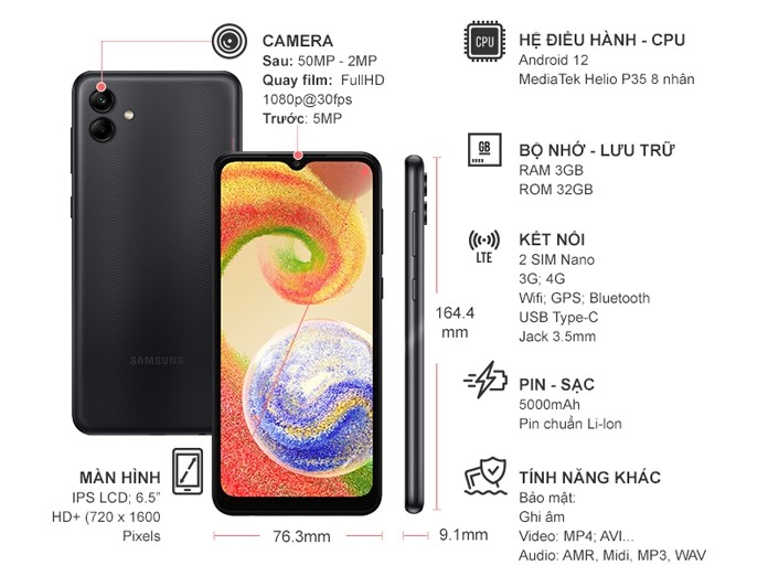 Điện thoại Samsung Galaxy A04 3GB/32GB Đen