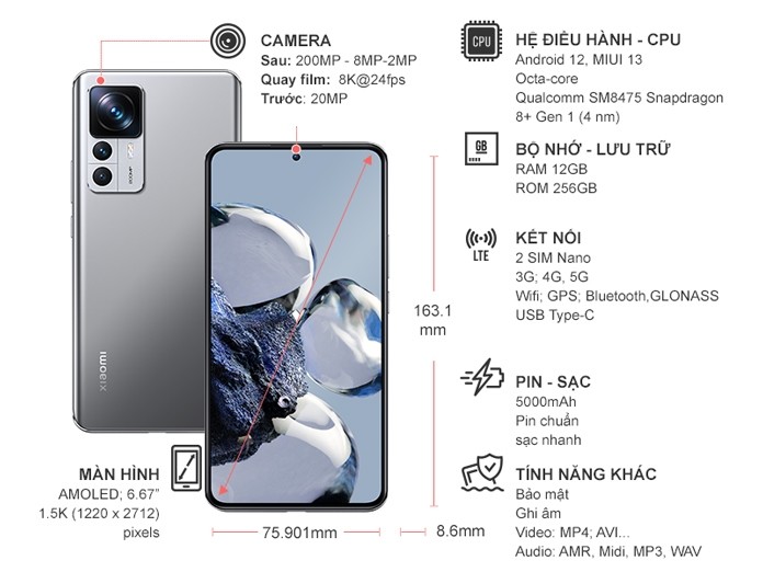 Điện thoại Xiaomi 12T Pro 12GB/256GB Bạc