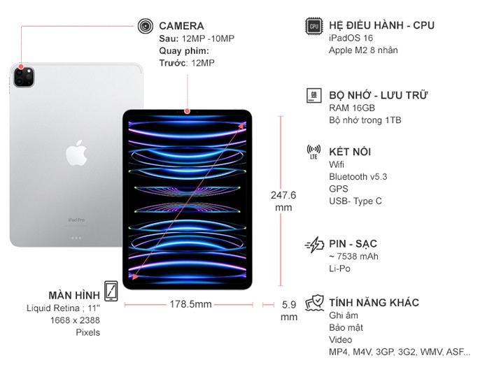 iPad Pro M2 2022 11 inch Wifi 1TB MNXL3ZA/A Bạc (2022)