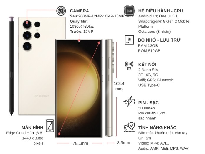 Điện thoại Samsung Galaxy S23 Ultra 12GB/512GB Kem