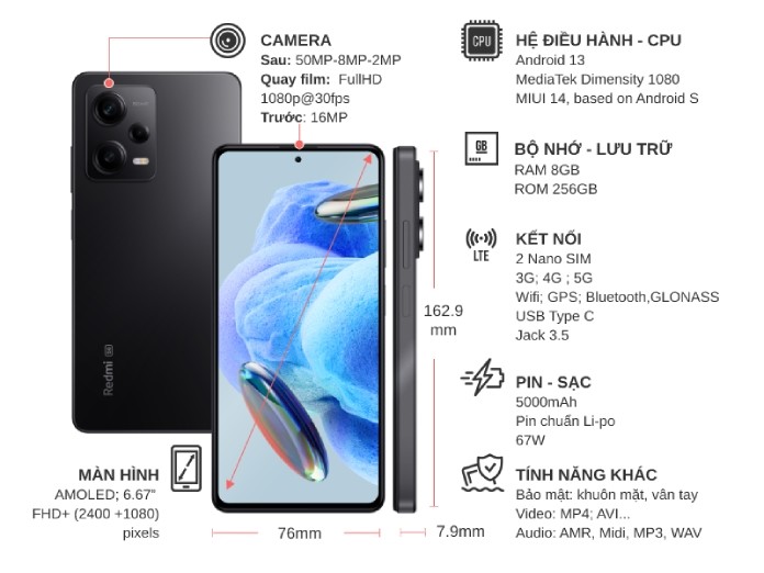 Điện thoại Xiaomi Redmi Note 12 Pro 5G 8GB/256GB Đen