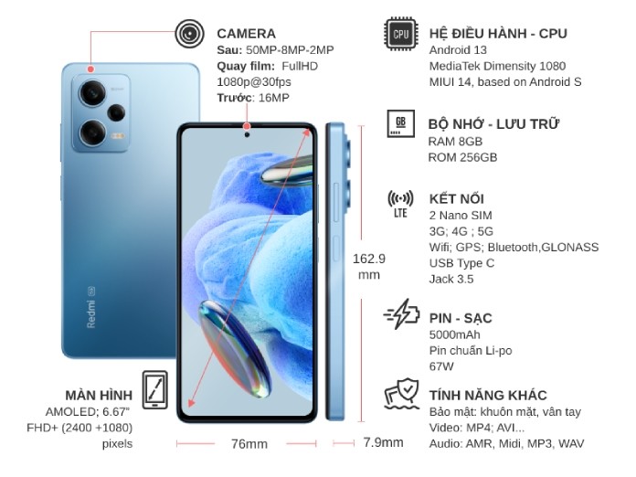 Điện thoại Xiaomi Redmi Note 12 Pro 5G 8GB/256GB Xanh dương