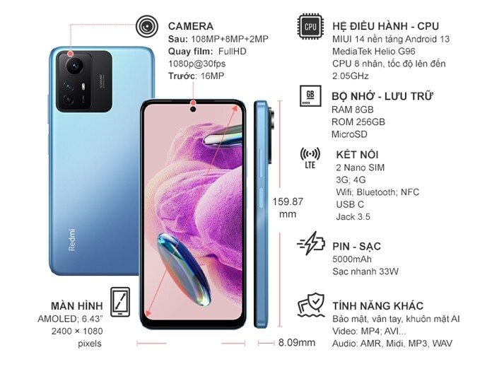 Điện thoại Xiaomi Redmi Note 12S 8GB/256GB Xanh dương