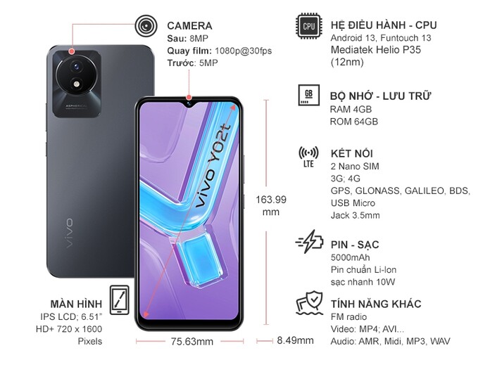 Điện thoại Vivo Y02T 4GB/64GB Đen xám