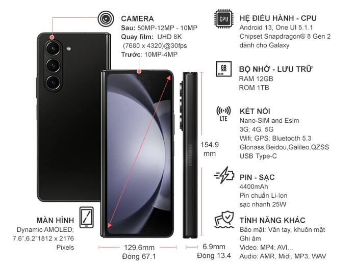 Điện thoại Samsung Galaxy Z Fold 5 5G 12GB/1TB Đen