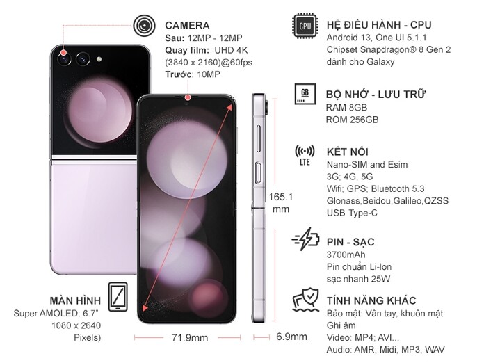 Điện thoại Samsung Galaxy Z Flip 5 5G 8GB/256GB Tím