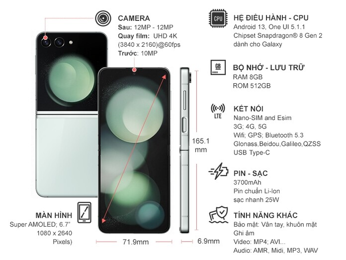 Điện thoại Samsung Galaxy Z Flip 5 5G 8GB/512GB Xanh bạc hà
